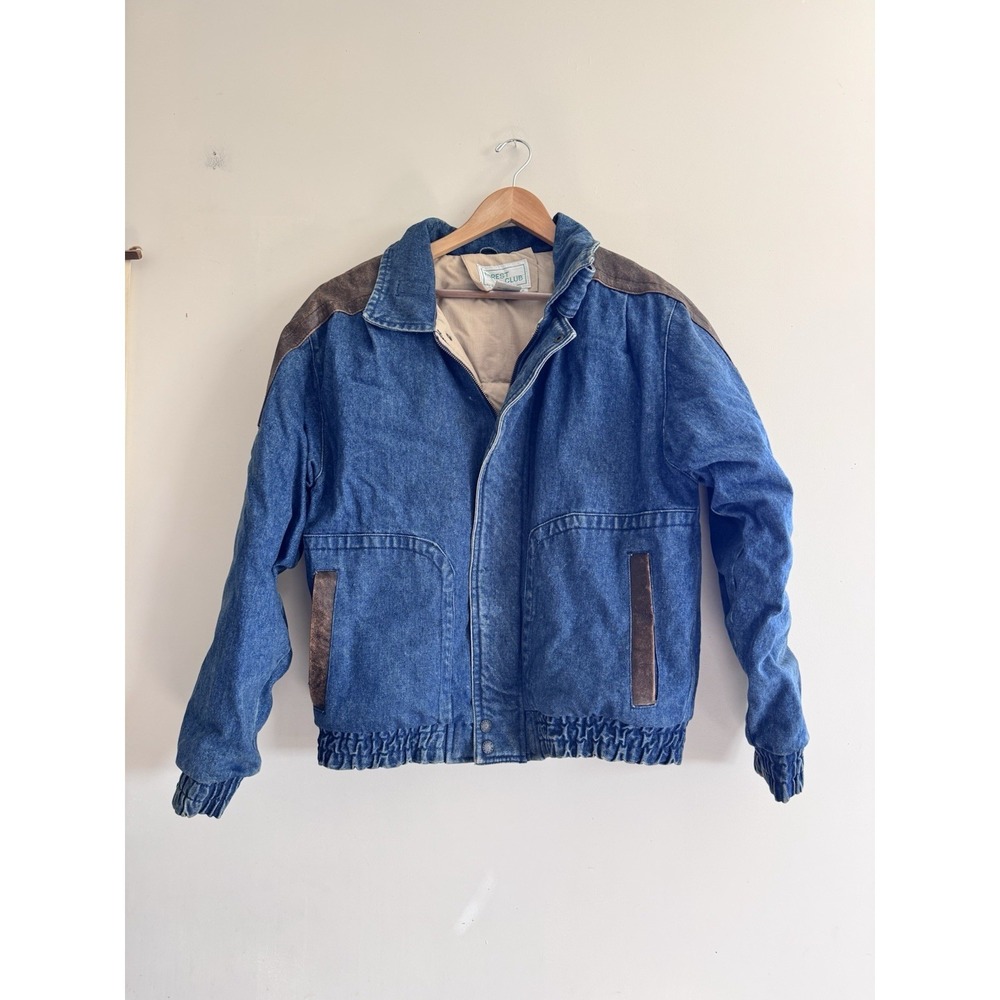 Men's 90s 80s Bomber Jacket Jean Denim Leather Forest Club Medium Nineties